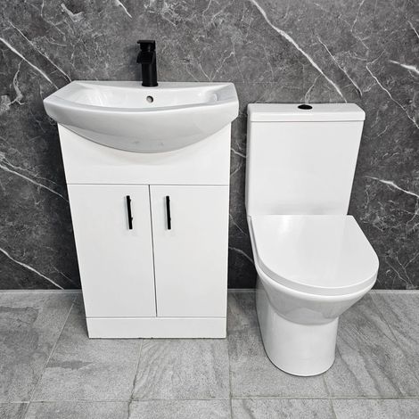 White Vanity Unit with Black Handles 550mm Open Back Toilet Bathroom Suite, Without Tap & Waste