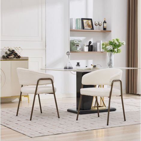 REDOM - Lot de 2 chaises de salle à manger accoudoirs ergonomiques, pieds en métal finition laiton antique en chenille beige (1/5)
