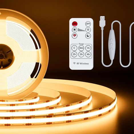 Bande LED COB Blanc chaud 2700K USB5V avec télécommande RF, 640LEDs/2M Dimmable Strip Lights CRI85+ Kit d'éclairage LED flexible pour armoires de cuisine Chambre TV Rétroéclairage DIY Éclairage (1/5)