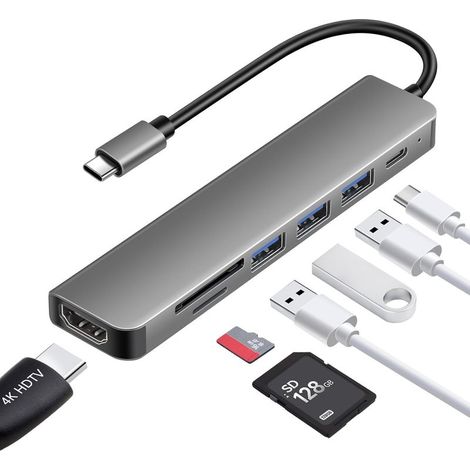 Hub USB C 7-en-1 avec HDMI 4K SD/TF, Ports USB 3.0 et 2 USB 2.0 (1/5)