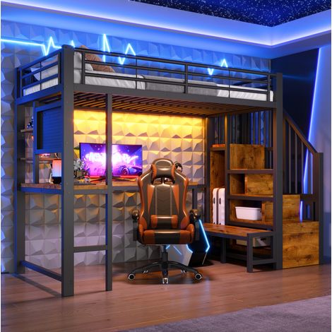 Cama alta con escritorio, panel perforado, estantes, escalera con almacenaje, LED, USB y USB-C, metal MDF negro (1/5)