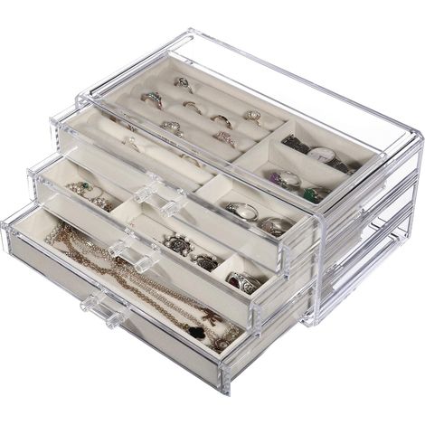 Boîte à bijoux à couvercle transparent, organisateur de bijoux, grande boîte de rangement multifonctionnelle avec 3 tiroirs, vitrine pour bagues, boucles d'oreilles, colliers et bracelets (1/5)