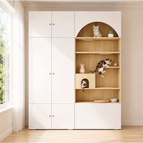 Armoire de rangement avec espace pour chat intégré, meuble multifonction avec niche et aire de jeu pour chat, portes de rangement, blanc et bois (1/5)