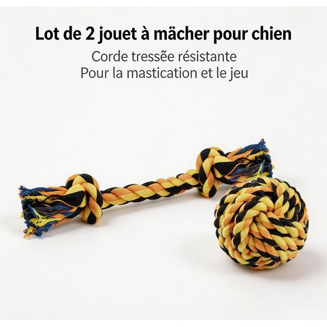 Jouet pour chien en corde de coton noir et jaune, lot de 2 : nœud 30 cm et balle 6 cm, jouet à mâcher résistant pour nettoyage dentaire - Noir et jaune (1/5)