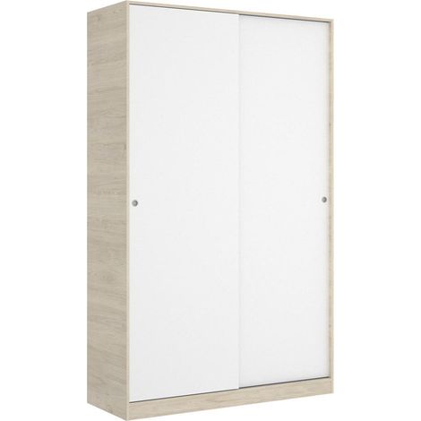 Pegane – Armoire à portes coulissantes en panneau de particule naturel/blanc brillant – Longueur 120 cm – Profondeur 50 cm – Hauteur 204 cm – 3 étagères réglables (1/5)