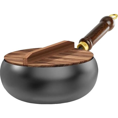 Poêle Wok, Fer Forgé à la Main, Surface Antiadhésive, pot de 28 cm couvercle en bois (1/2)
