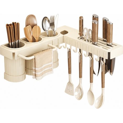 Porte-couteaux mural, couleur crème, 3 compartiments, porte-baguettes sans perçage, acier au carbone (1/4)