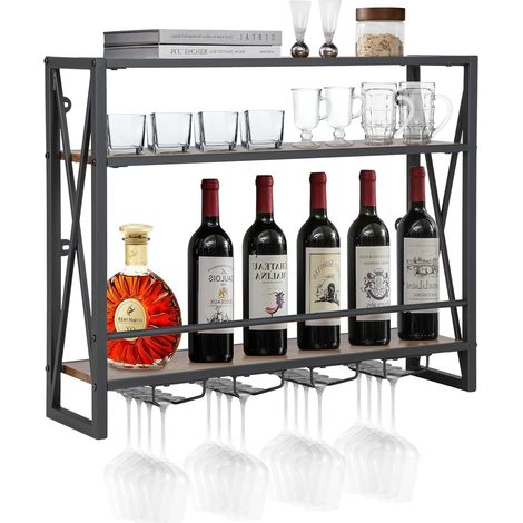 COSTWAY Portabottiglie per Vino da Parete Industriale, Scaffale di Stoccaggio per Vino a Parete a 2/3 Livelli con Porta Calici, in Metallo, per Casa, Bar, Cucina, Ristorante (80 x 20 x 63 cm)