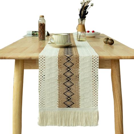 Table Runner - Cotton Linen - 30 cm x 200 cm - Boho Rustic Macrame Design with Tassels - For Dining Table Coffee Table Buffet - 1 Piece (1/5)