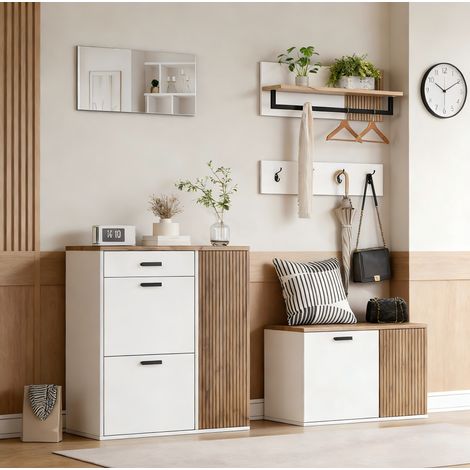 Set ingresso 5 pezzi 85x36x85 cm in truciolare bianco-rovere, contenitore – MEUBLIV (1/5)