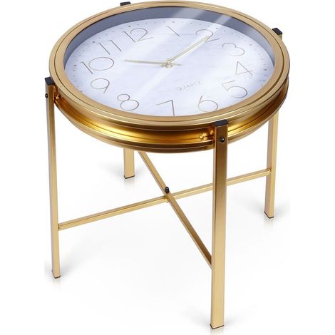 Couchtisch aus Metall, goldene Uhr, glamouröser runder Tisch, Bank (1/5)
