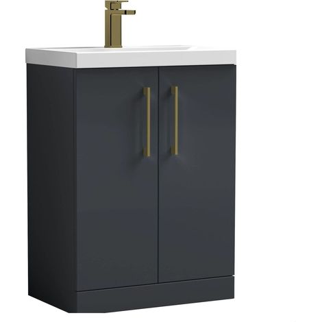 Balterley Bramshall Modern Bathroom 2 Soft Close Door Floor Standing Vanity Unit with Mid-Edge Ceramic Basin, Dark Grey, 600mm