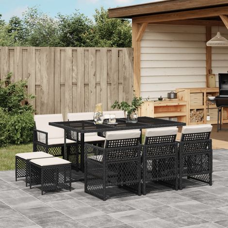 Set de comedor jardín 11 pzas con cojines ratán sintético negro vidaXL (1/5)
