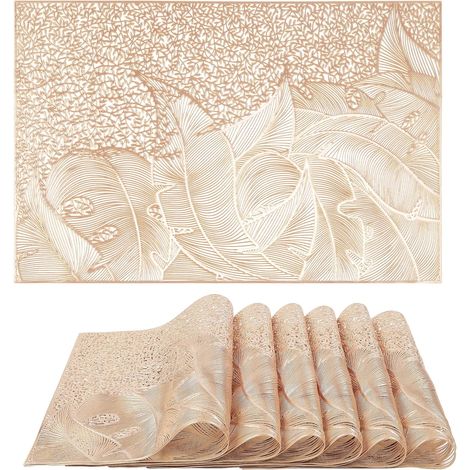 Set de Table 6 pièces en PVC doré avec Motif de Feuilles, 45x30cm, idéal pour protéger Votre Table des Rayures et des Taches'4530cm Or'Or'4530cm