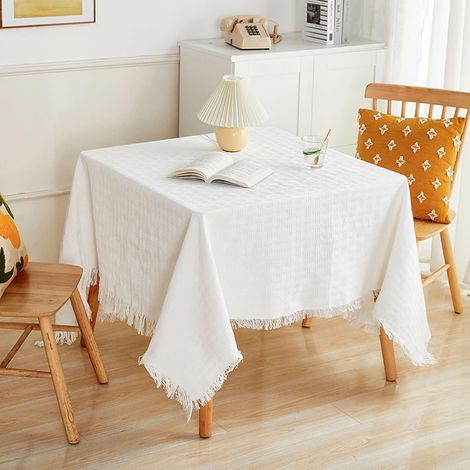 Nappe Carrée 180x180cm, Nappe Anti Tache Coton Lin Tricoté Blanc avec Pompons, Lavable pour Salle à Manger (1/5)