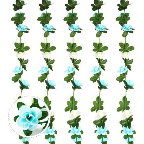 AIDUCHO 5pcs 2.7m Artificielle Faux Rose Guirlande Vigne Suspendus Fleurs En Soie Guirlande De Fleurs Artificielles (Bleu Et Blanc) (1/5)