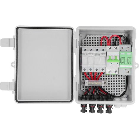 Boîtier de raccordement solaire à 4 chaînes avec fusible de 10 A, disjoncteurs CC de 63 A et parafoudre. (1/5)
