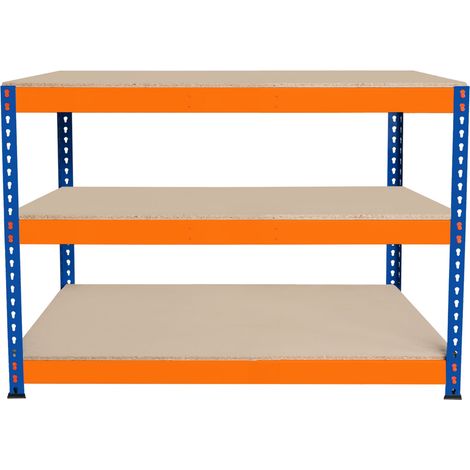Établi Ajustable à 3 Niveaux S-Rax, Plan de Travail en Bois Aggloméré Robuste, Capacité 300kg, Bricolage Atelier Garage, Assemblage Sans Boulons, Pieds en Caoutchouc, 6 Renforts [120cm x 60cm x 90cm]