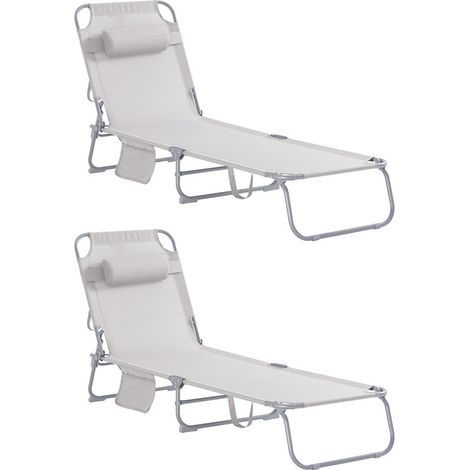 SoBuy Lot de 2 chaises longues de jardin réglables – Pliantes avec oreiller et poche latérale, pour jardin, plage et balcon