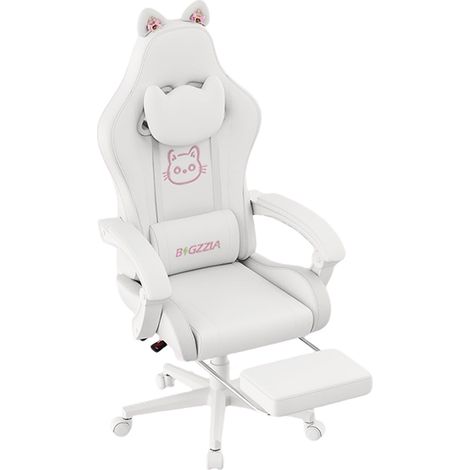 Chaise gaming avec massage lombaire - Repose-pieds rétractable - 135°Dossier inclinable - Hauteur réglable 10 cm - jusqu'à 130Kg - Pivotement sur 360 degrés - Blanc