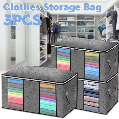 Lot de 3 sacs de rangement pliables non tissés pour vêtements, couettes, couvertures, pulls et autres vêtements. Boîte de rangement pour placard et armoire. Pochettes de tri incluses. (1/2)
