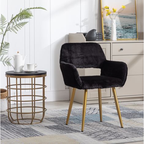 Silla de comedor de piel sintética, con reposabrazos, negra, patas de acero dorado DESVIAE (1/5)
