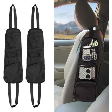 Adecuado para un juego de dos bolsas de almacenamiento colgantes para los asientos traseros con múltiples bolsillos laterales, ideales para guardar objetos como teléfonos móviles, carteras y gafas, y 