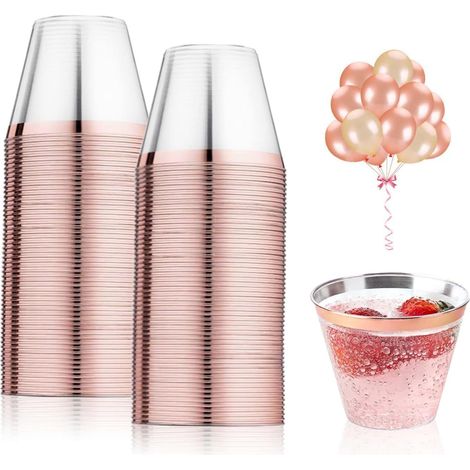 50 vasos transparentes reutilizables con borde dorado rosa para decoración del hogar, fiestas, bodas, cumpleaños, camping y picnics (270 ml) (1/5)