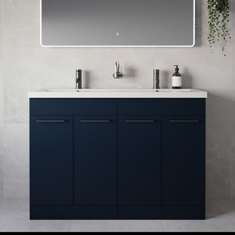 Napoli 390 Deep Blue 1200mm 4 Door Vanity Unit with Double Glide Basins - 1200mm - Gunmetal Grey 160mm Handle