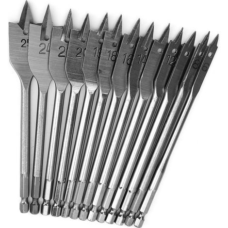 Jeu de 13 forets plats 6-25mm, manche 1/4 pouce, coupe-bois efficace, ouvre-trous économiseur d'effort, outillage perçage professionnel. (1/5)