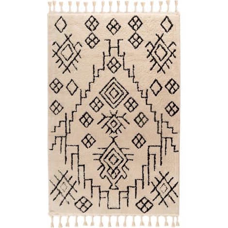 Tapis ethno blanc ultra doux à poils hauts - Blanc crème à motifs noirs (1/4)