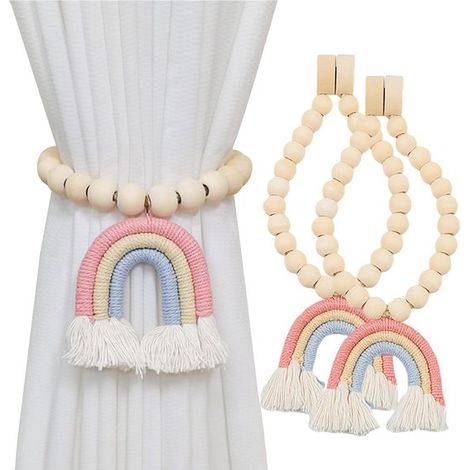 2 fermatende in perline di legno, fibbie magnetiche per tende con nappe, fermatende color arcobaleno con nappe, decorazione senza foratura (rosa) (1/5)