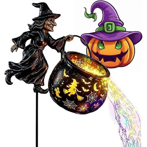 Lampe solaire Halloween chat noir lune citrouille à piquer jardin, lanterne décorative extérieure chaudron sorcière (1/5)