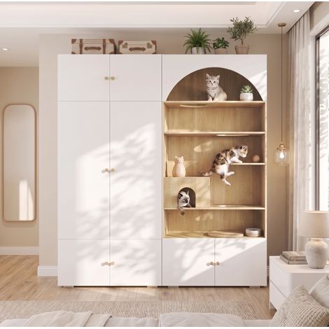 Armadio con spazio gatto e parete arrampicata 180 x 50 x 200 cm, bianco effetto legno, OKWISH (1/5)