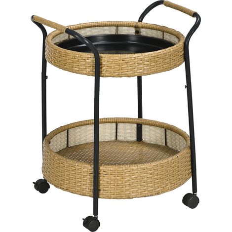 Carrello portavivande rotondo in rattan 50 x 66 cm con 2 ripiani e ruote (1/5)