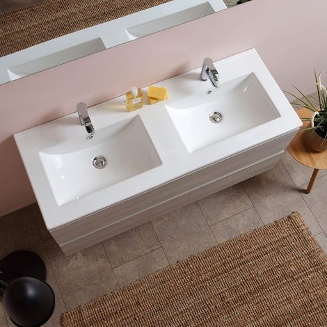 Meuble de salle de bains double lavabo KIAMAMI VALENTINA - 120 cm - Orme - Avec miroir — vue 4