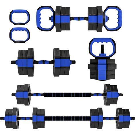 Set Haltères Réglables 6 en 1 20 kg Barre de Musculation Kettlebell Poignées de Pompes Fitness à Domicile Bleu (1/5)