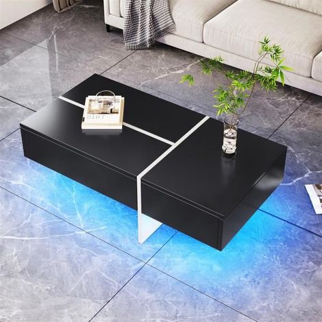 Table basse - GUTENT - Noir brillant - Éclairage LED - 3 tiroirs - 100x50x34.5 cm