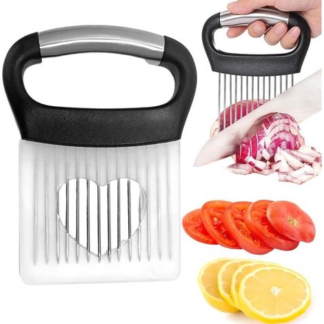 Porte-tranche d'oignon en acier inoxydable,Avec housse de protection,Coupe Citron, Coupe-Légumes,Alimentaire Tranche Assistant, pour pommes de terre, viande, oignons, légumes (1/4)