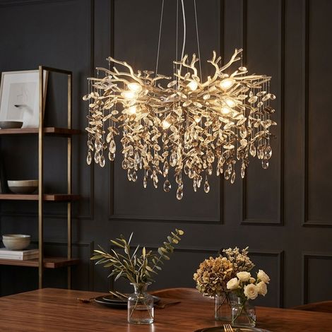 Lustre suspendu à LED, suspension argentée, cristaux de verre fumés, H 120 cm (1/5)