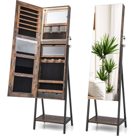 Mobile portagioielli indipendente 41,5 x 37 x 157 cm con specchio a figura intera e illuminazione LED tricolore design contemporaneo MDF marrone 200010387