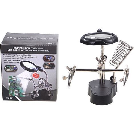 Soldering station with magnifying LED lamp and auxiliary clips for hardware repair (1/5)