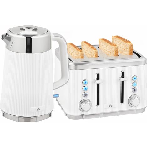 HOMCOM 1.7L 3000W Rapid Boil Kettle and 4 Slice Toaster Set Crumb Tray White (1/5)