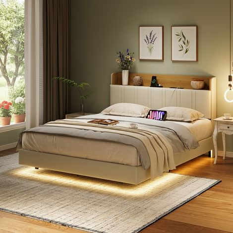 Letto matrimoniale 160x200 cm per adulti, illuminazione LED e design sospeso, testiera con contenitore e porte USB/Type-C, stile scandinavo, Bianco (1/4)