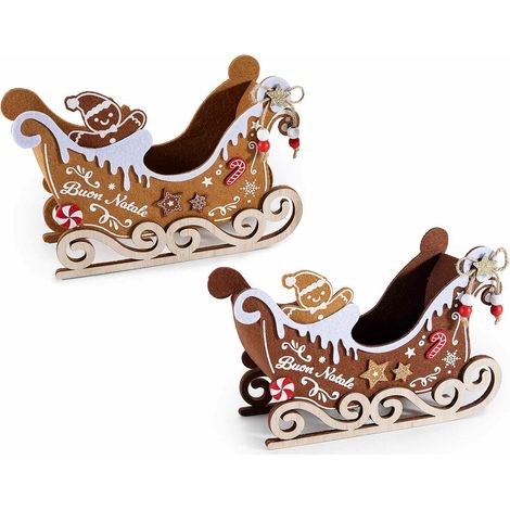 Cestini in panno e legno a slitta natalizia con omino pan zenzero, set da 4 pezzi, cm 21,5 x 8 x 14,5 H