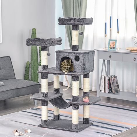 Arbre à chat de luxe avec hamac, maison pour chat, arbre à chat grimpant avec hamac et maison pour chat, tour de jeu pour chat, gris foncé, 60 x 48 x 144 cm (1/5)