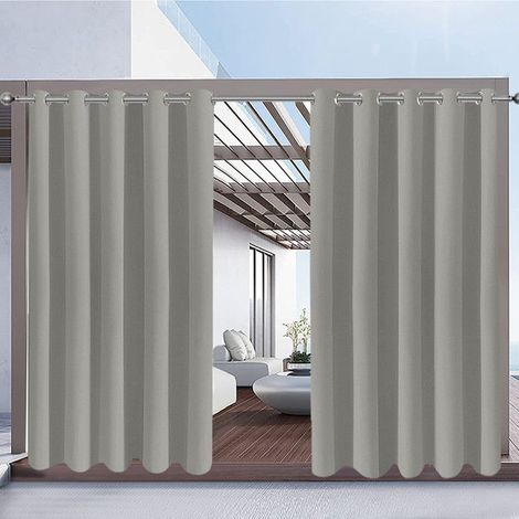 Qelus Lot de 2 Rideaux d'extérieur Imperméables à oeillets - 132x274cm - Gris clair - Isolation thermique, pour Pergola Terrasse (1/5)