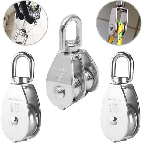 3PCS Poulie Double inox pivotant Double poulie,Poulie de Levage Rouleau de Chargement,Poulie en Acier Inox,Poulie Simple Bloc,Poulie Simple en Acier Inoxydable,Poulie de levage M15 (1/4)