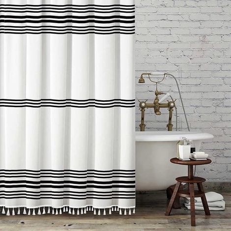 Cortina de ducha blanca y negra con borlas, tela estilo rústico para el baño, gruesa, 72 x 72 pulgadas. (1/5)
