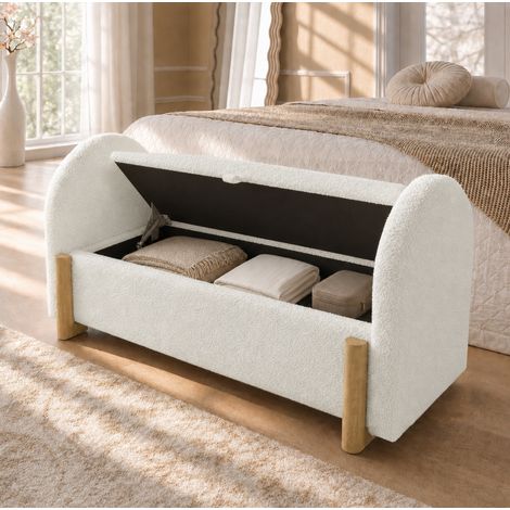 Banco de cama con almacenaje hidráulico 106 x 47 x 61 cm en chenilla bouclé blanca OKMYHOME (1/5)